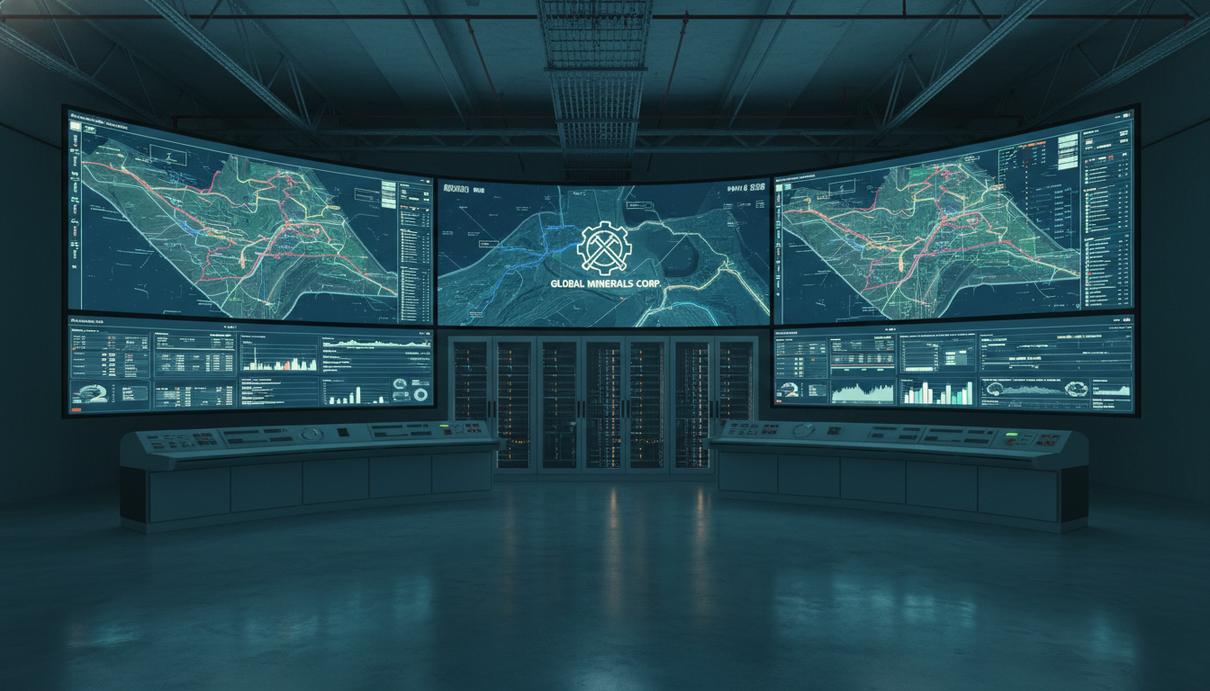 Интерьер центра управления добывающим предприятием с мониторами, отображающими графики и цифровые карты