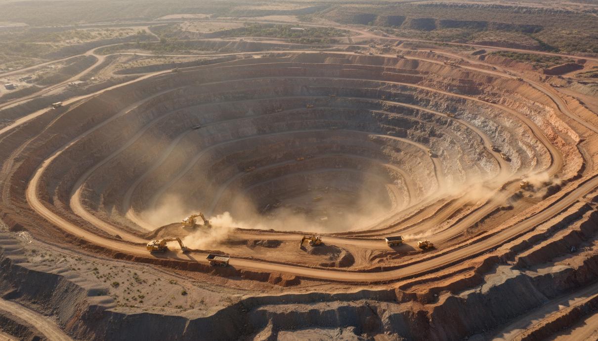 Вид сверху на глубокий промышленный карьер с многоуровневыми склонами и карьерной техникой