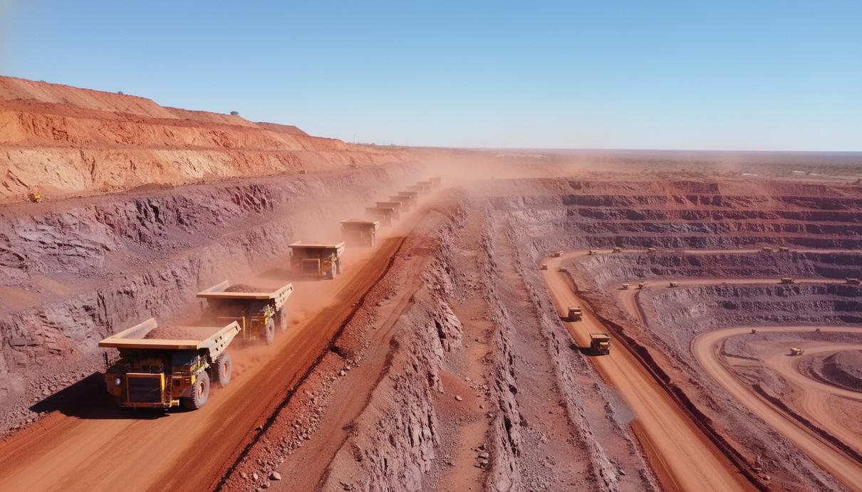 Желтые карьерные самосвалы в глубоком железорудном разрезе на фоне красного грунта и террас