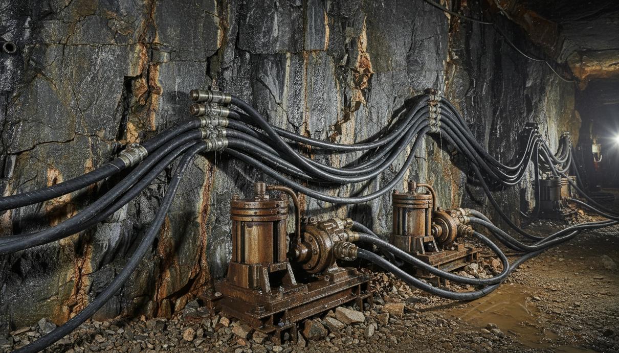 Промышленные насосы и шланги для подачи изоляционных составов в подземной шахте на фоне влажной стены.