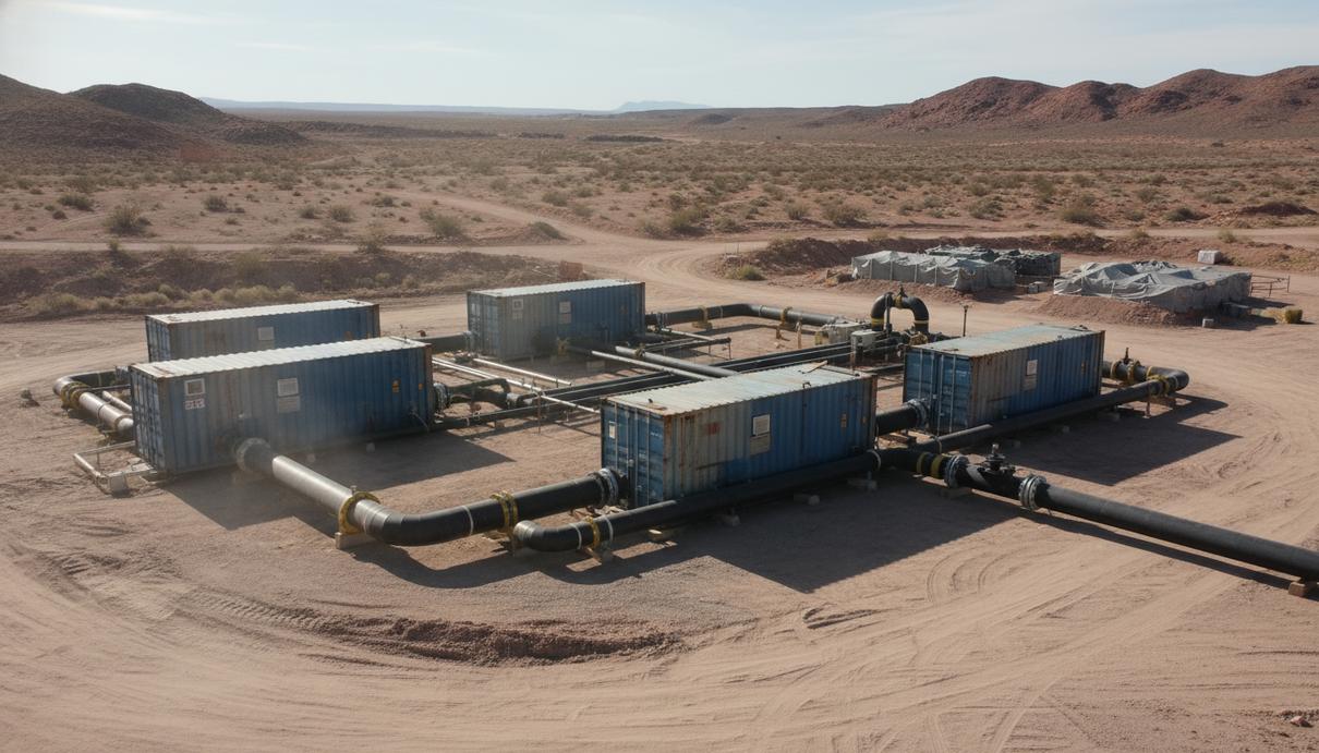 Промышленные модули системы очистки воды и трубопроводы на фоне холмов в пустынной местности.