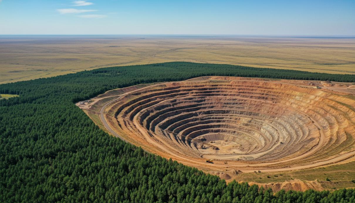 Промышленный карьер и густая полоса сосновых насаждений в засушливой местности Казахстана.