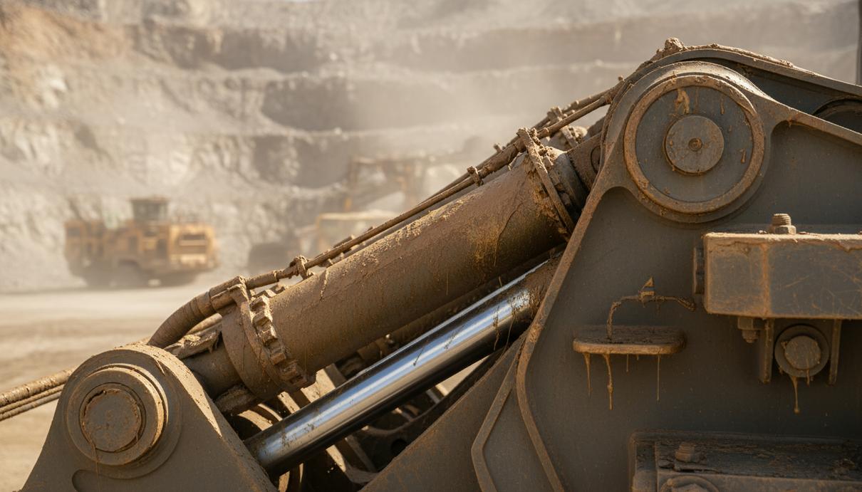 Гидравлические узлы тяжелой горной техники со следами технической смазки на фоне карьера.
