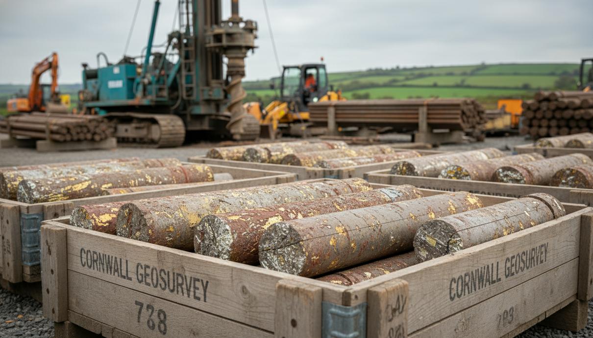 Образцы керна с минерализацией в деревянных ящиках на фоне бурового оборудования и холмов Корнуолла