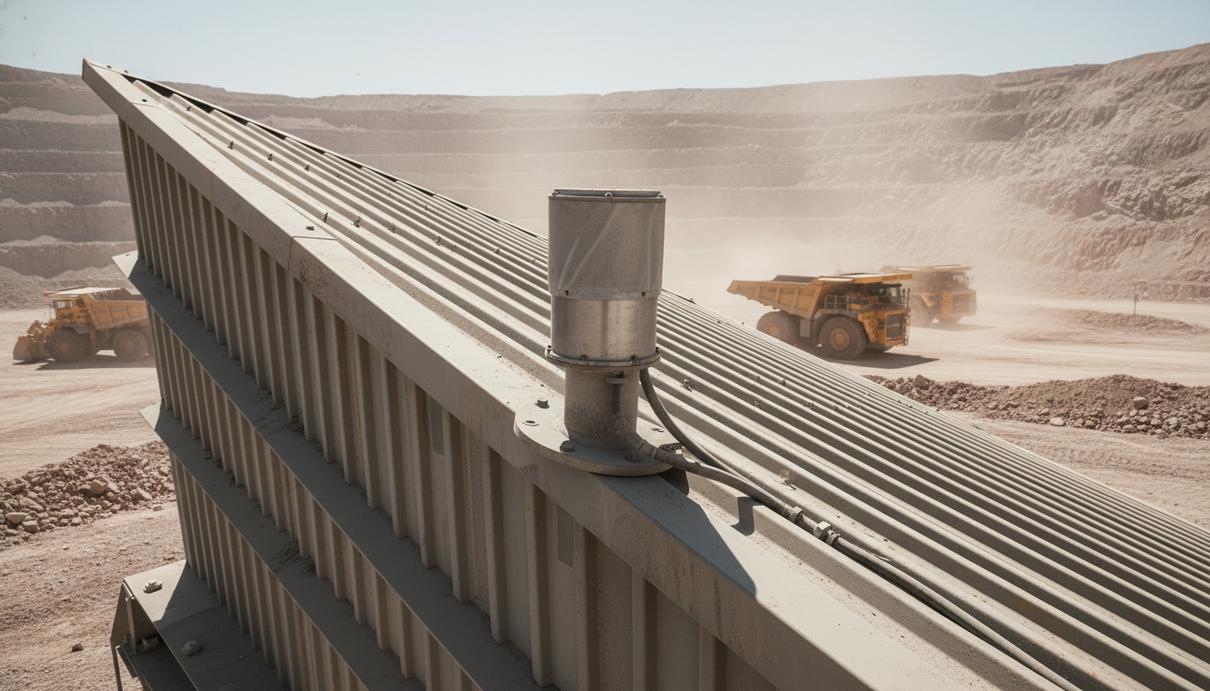 Промышленный радарный датчик на металлическом бункере открытого рудника в запыленной местности.