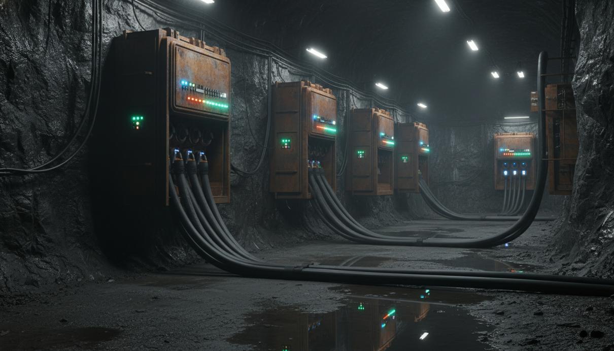 Промышленная зарядная станция с кабелями в темном туннеле подземного рудника