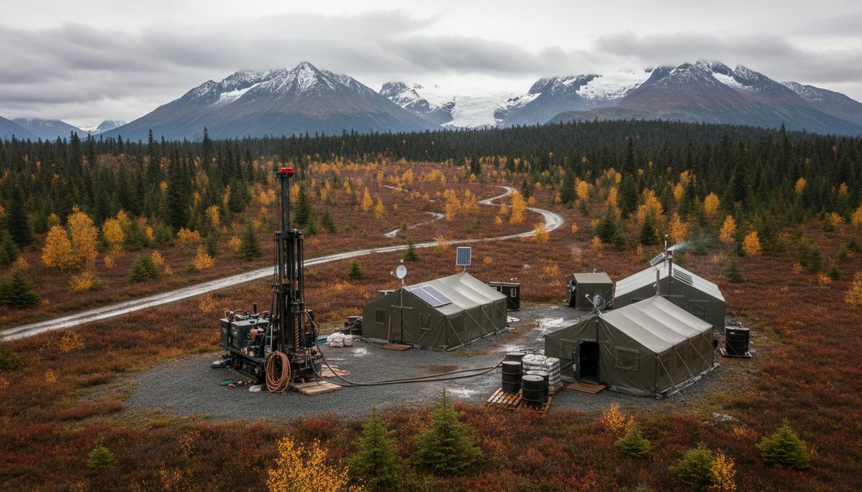 Буровая установка и лагерь геологоразведочной экспедиции в горной местности Аляски.