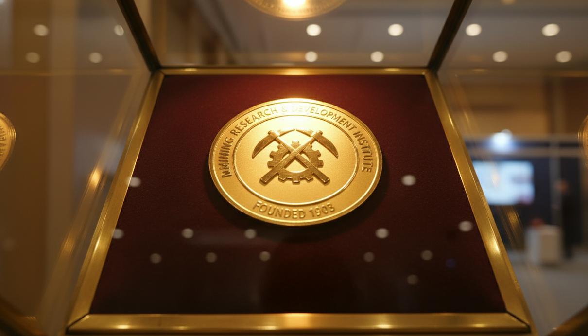 Канадский институт CIM объявил лауреатов отраслевых наград 2026 года Золотая медаль на темной бархатной подушке в стеклянной витрине выставочного зала.