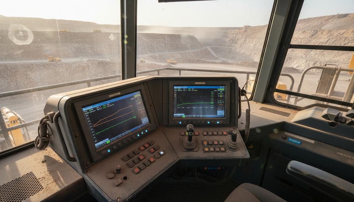 Панель электронного регистратора данных с графиками в кабине карьерного самосвала