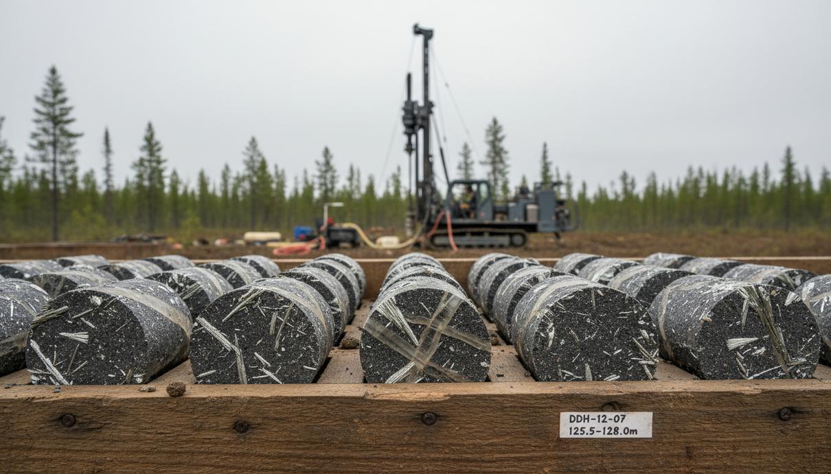 Керн с серебристыми кристаллами антимонита в деревянном ящике на фоне буровой установки в лесу.