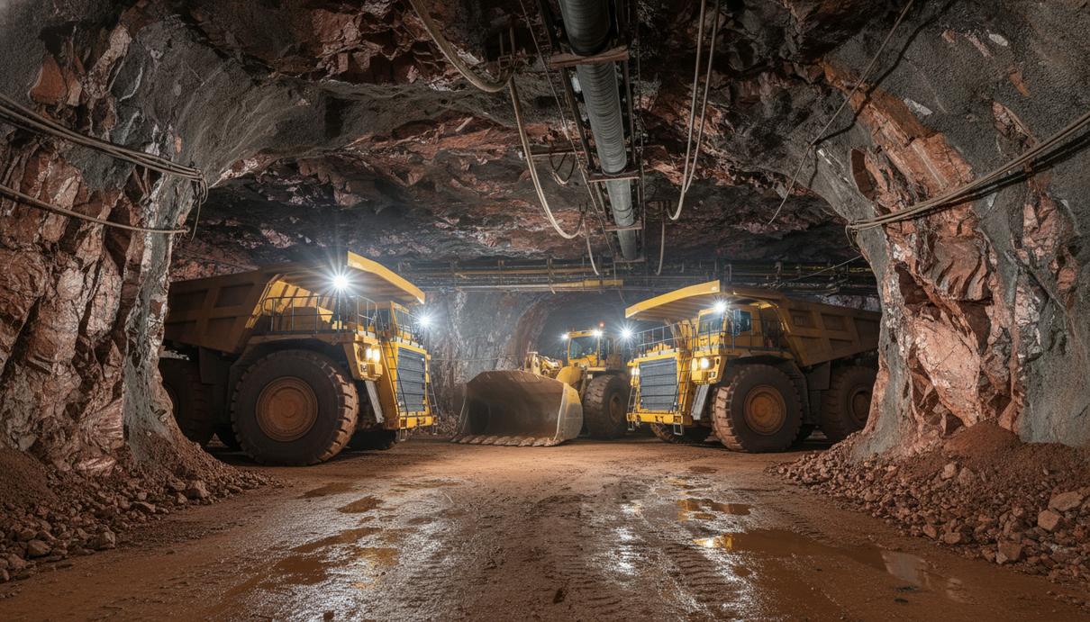 Желтая горнодобывающая техника в освещенном подземном тоннеле медного рудника