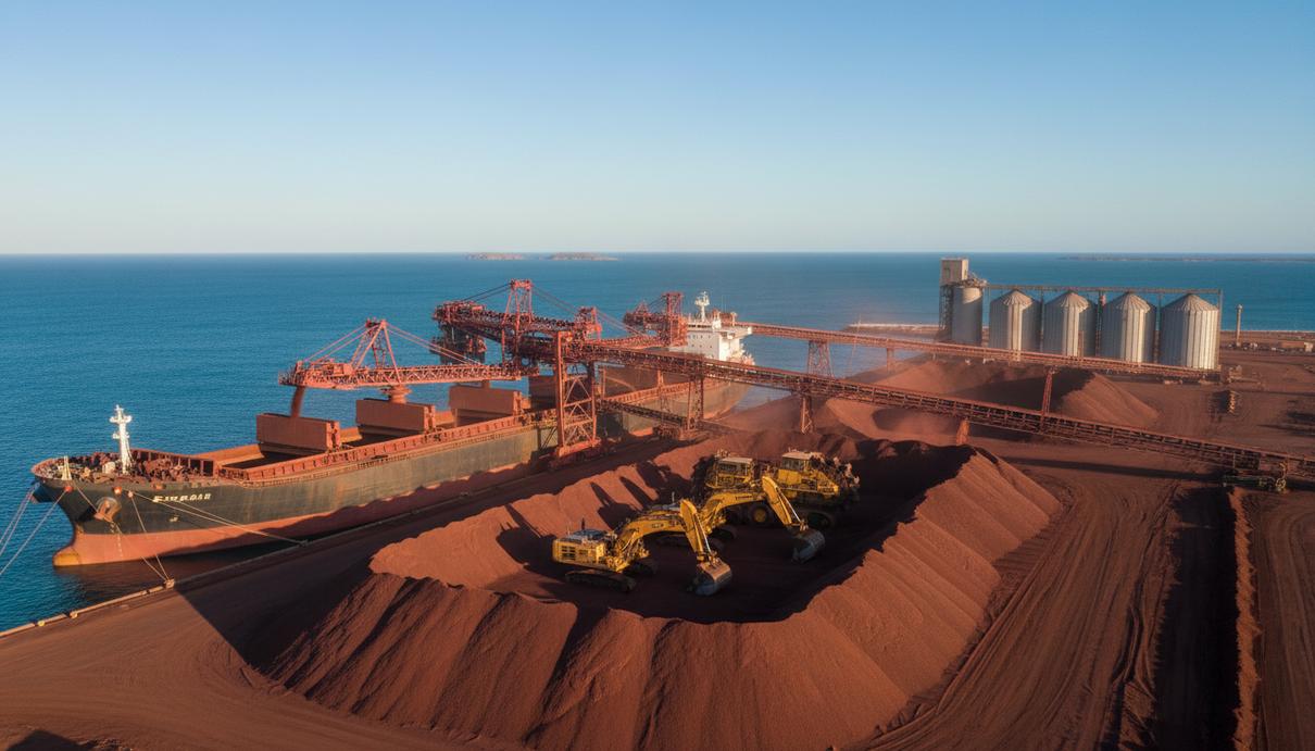 Крупный сухогруз в промышленном порту во время погрузки железной руды с помощью конвейера