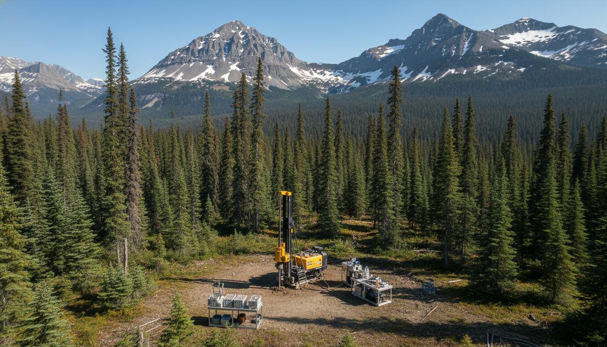 Буровая установка на разведочном участке в горном лесу Британской Колумбии