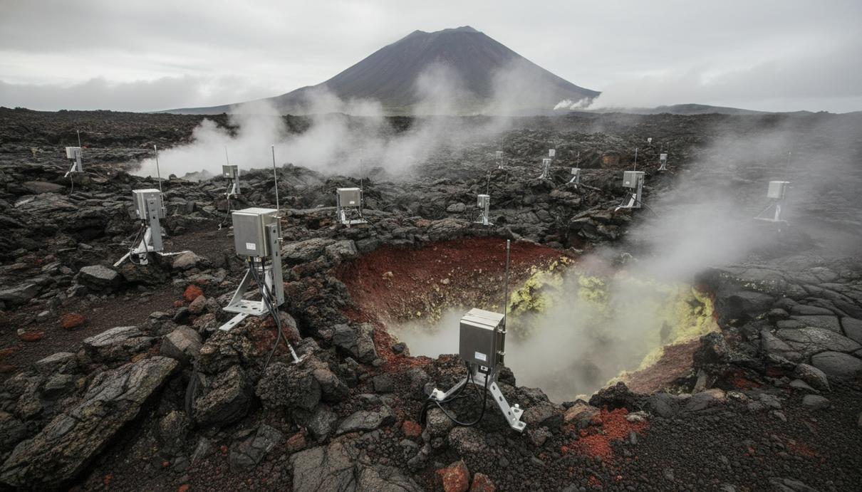 Промышленное измерительное оборудование на фоне вулканических скал и пара из геотермальных источников
