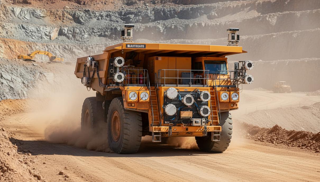 Автономный карьерный самосвал с датчиками и сенсорами в условиях открытой горной выработки.