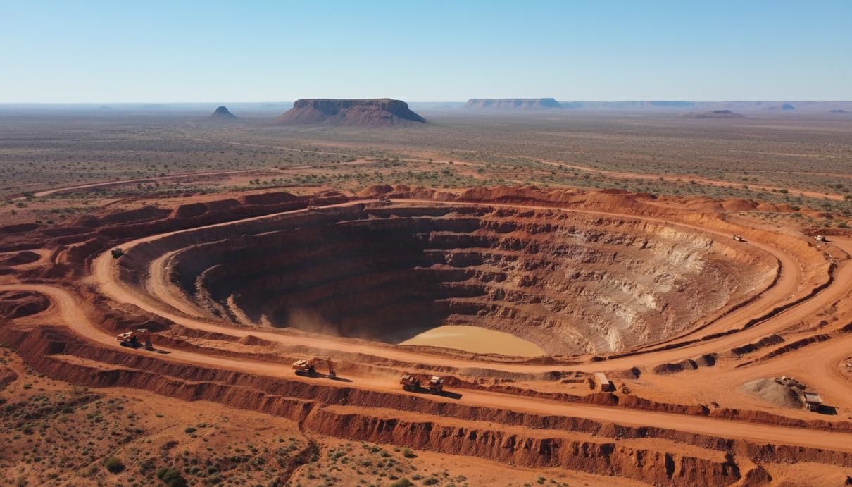 Открытый карьер в Западной Австралии с характерной красной почвой и каменистыми уступами.