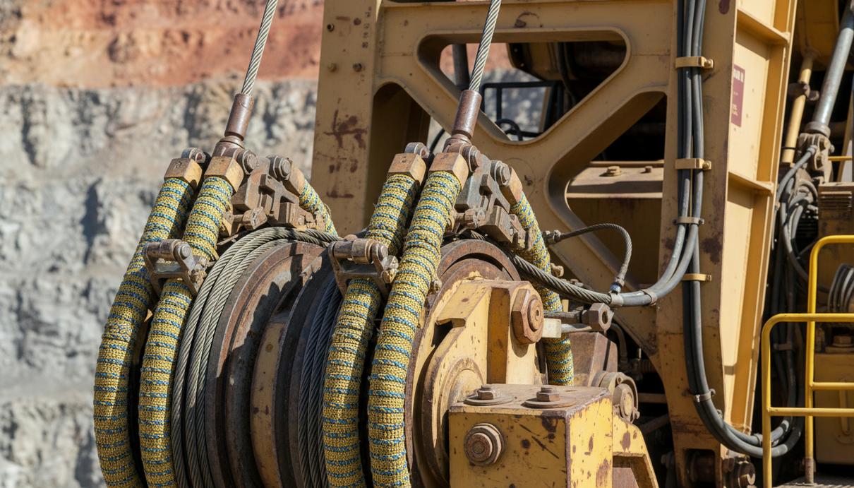 Стрела карьерного экскаватора с установленными синтетическими вантами и тросовыми соединениями