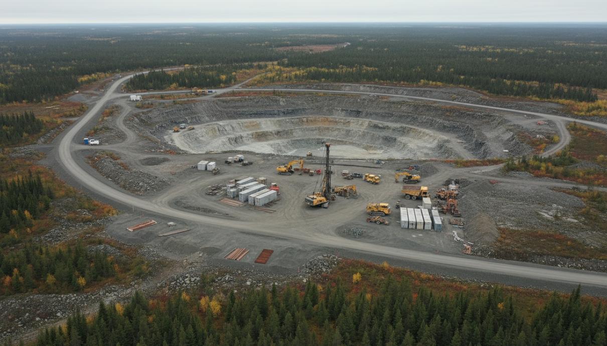 Панорамный вид на промышленную площадку и сеть дорог на месте будущего карьера в северном Саскачеване.