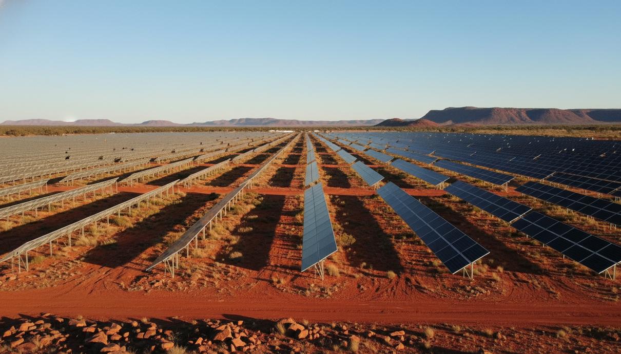 Ряды солнечных панелей на фоне красной каменистой почвы и засушливого ландшафта региона Пилбара