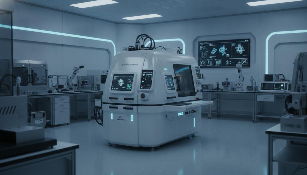 Metso ускорит минералогический анализ для горнодобывающей отрасли Современный минералогический анализатор в научно-исследовательской лаборатории. Белое высокотехнологичное оборудование с мониторами
