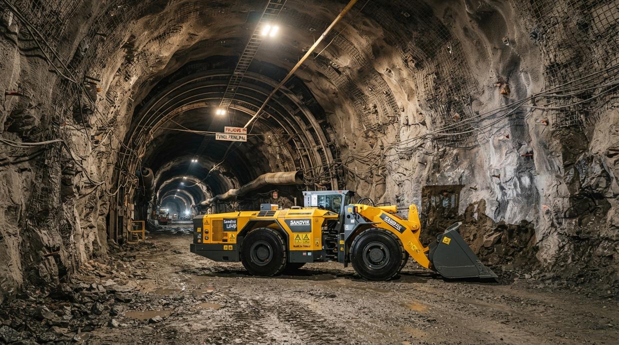 Новый подземный погрузчик Sandvik Toro в просторном тоннеле современного рудника. Горнодобывающая техника в забое.