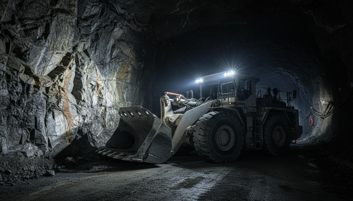 Крупная буровая установка Sandvik в тёмном туннеле подземного рудника, её фары ярко освещают каменную стену выработки.