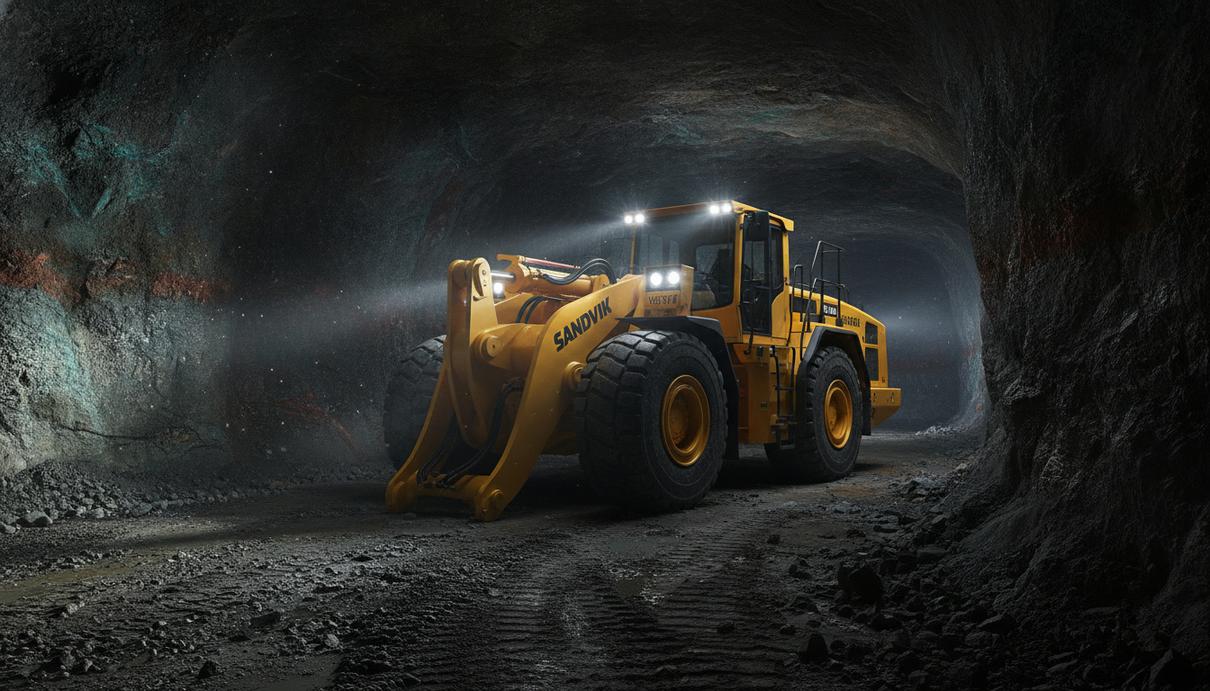 Sandvik оснастит шведский медный рудник Viscaria перед перезапуском Новый подземный погрузчик Sandvik в скальном тоннеле медного рудника. Яркие фары освещают стены с медной рудой.