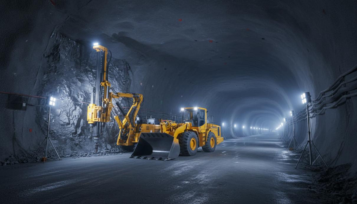 Sandvik оснастит алмазный рудник Карове в Ботсване подземной техникой Новый подземный погрузчик и буровая установка в освещенном тоннеле алмазного рудника Карове в Ботсване.