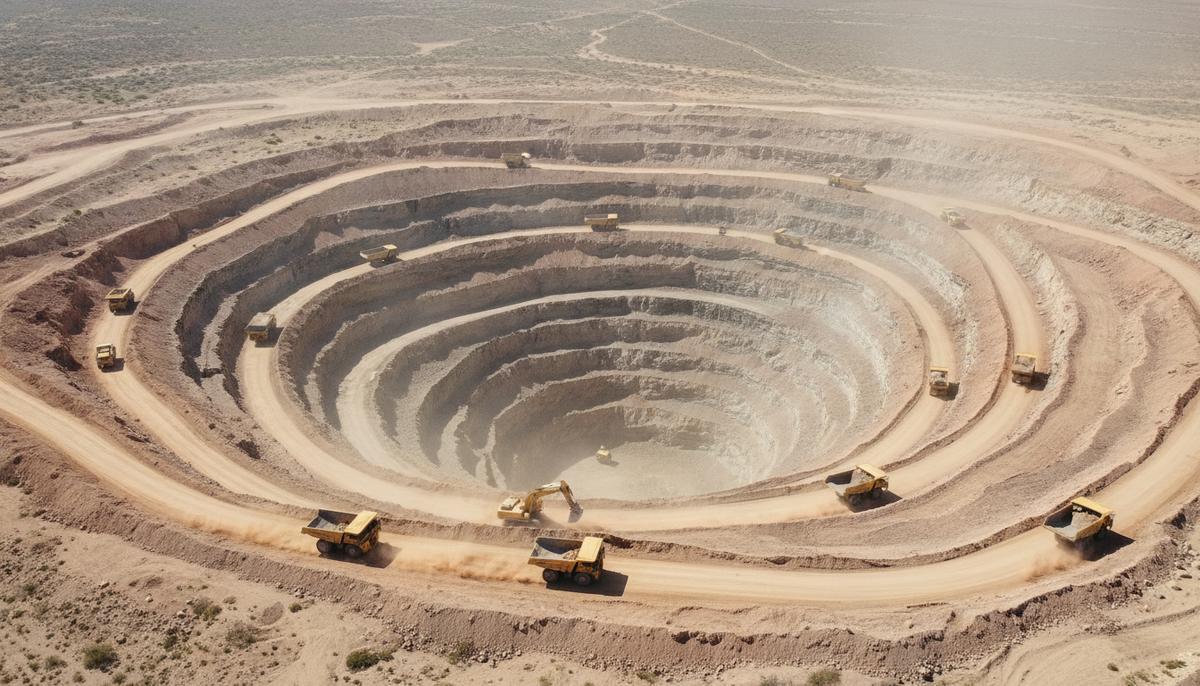 Gold Fields отложила повышение суммы сделки по покупке Northern Star Огромный открытый золотой карьер в засушливой местности со ступенчатыми стенами и тяжелыми карьерными самосвалами.