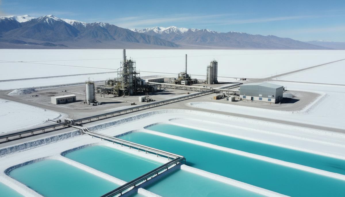 Rio Tinto может вложить $1 млрд в новый литиевый завод в Аргентине Промышленный завод по добыче лития на солончаке. Металлические трубопроводы и резервуары с водой на фоне гор.
