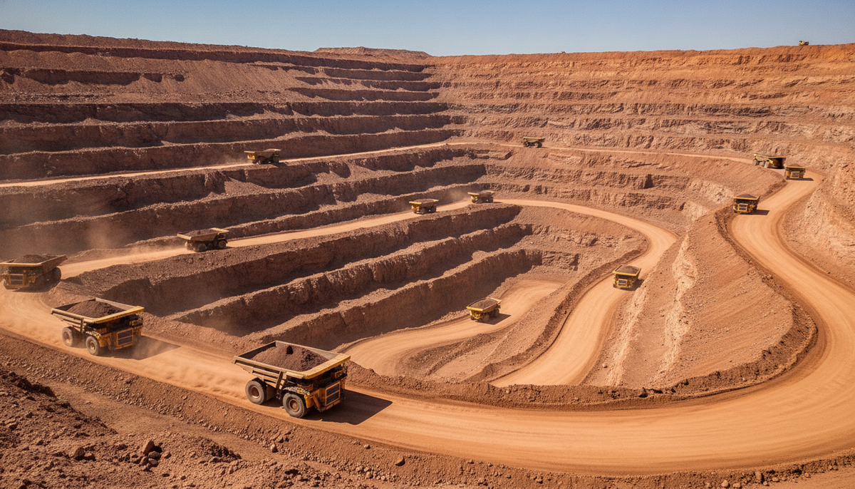 Прибыль бразильской Vale рухнула на 53% из-за дешевой железной руды Глубокий карьер с террасами из красной земли и тяжелым грузовым самосвалом, перевозящим железную руду.