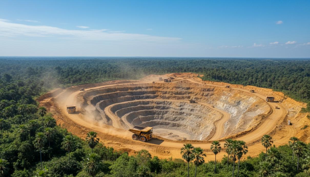Thiess продлила контракт на 170 млн AUD на руднике Оквау в Камбодже Карьер золотодобывающего рудника Оквау в Камбодже. Вид на террасные уступы карьера и большегрузные самосвалы на технологических дорогах.